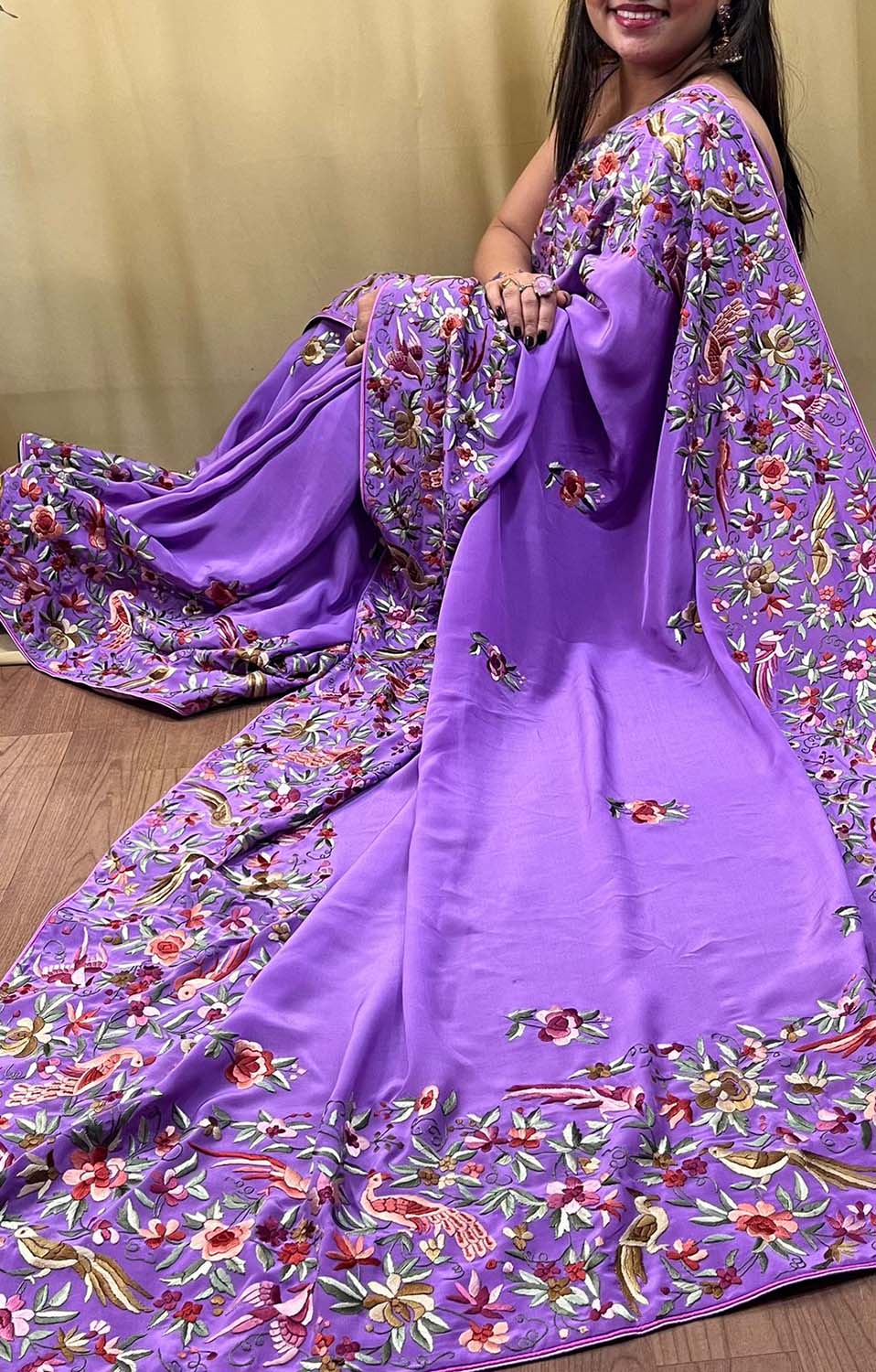 Parsi Gara Crepe Saree: Exquisite Hand Embroidery in Regal Purple - Luxurion World