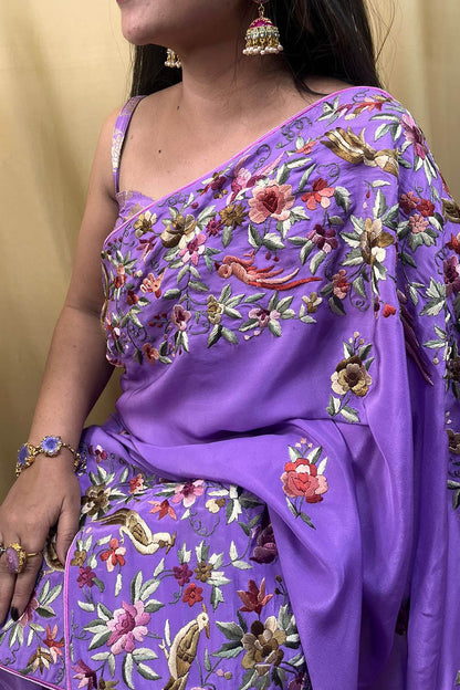 Parsi Gara Crepe Saree: Exquisite Hand Embroidery in Regal Purple - Luxurion World
