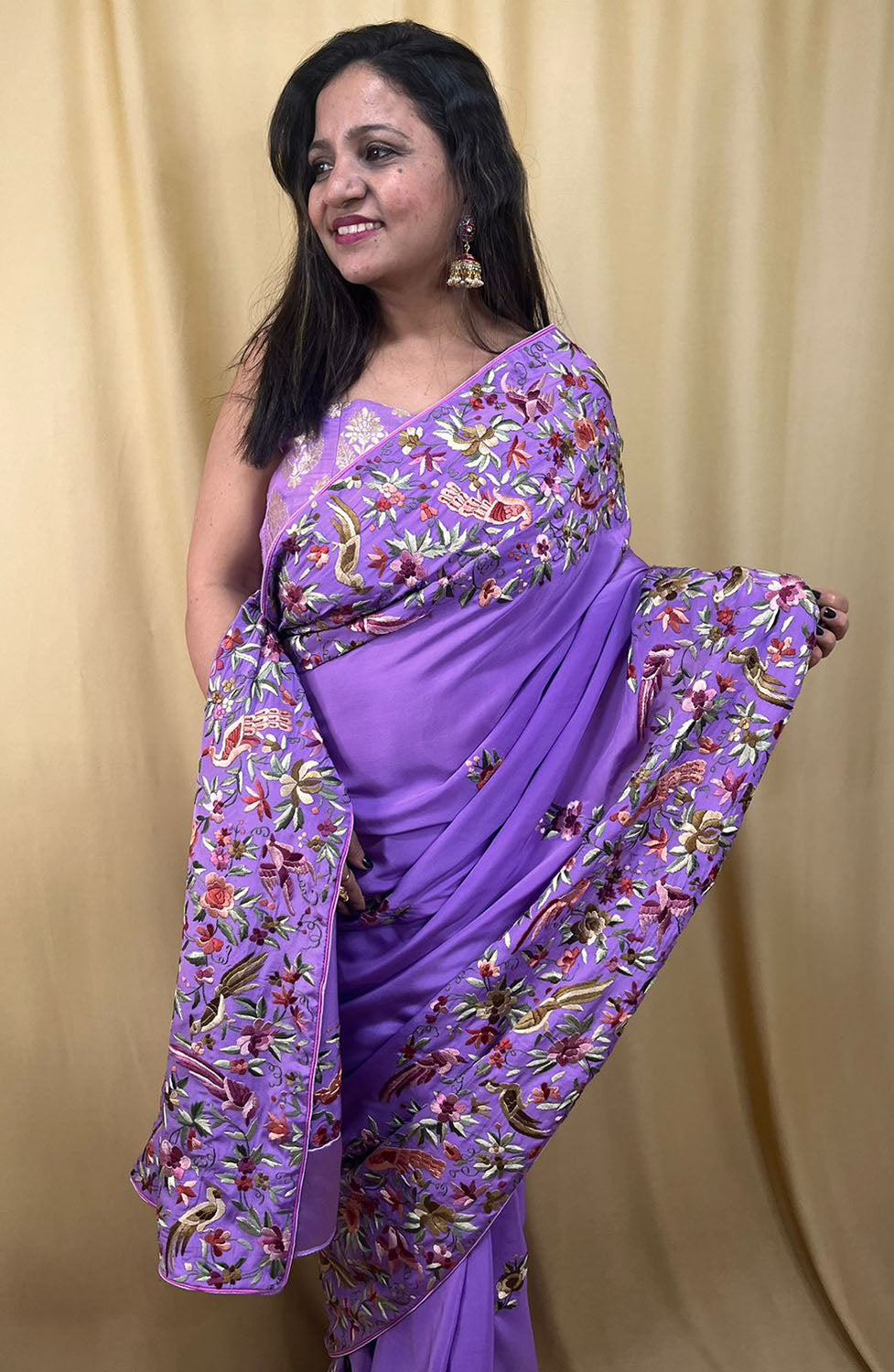 Parsi Gara Crepe Saree: Exquisite Hand Embroidery in Regal Purple - Luxurion World