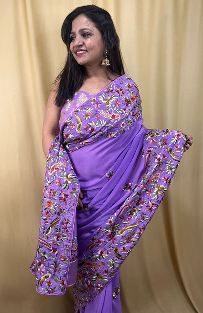 Parsi Gara Crepe Saree: Exquisite Hand Embroidery in Regal Purple - Luxurion World