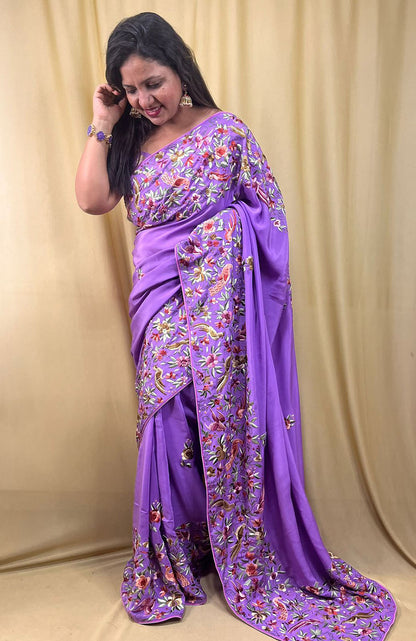 Parsi Gara Crepe Saree: Exquisite Hand Embroidery in Regal Purple - Luxurion World