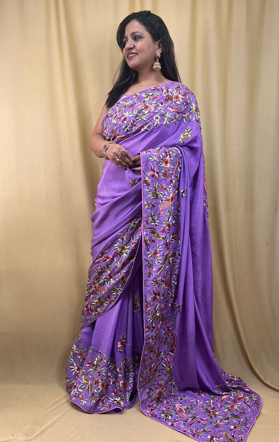 Parsi Gara Crepe Saree: Exquisite Hand Embroidery in Regal Purple - Luxurion World