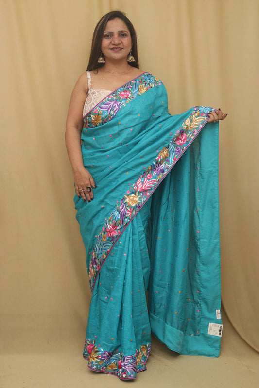 Exquisite Blue Hand Embroidered Parsi Gara Tussar Silk Saree