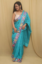 Exquisite Blue Hand Embroidered Parsi Gara Tussar Silk Saree - Luxurion World