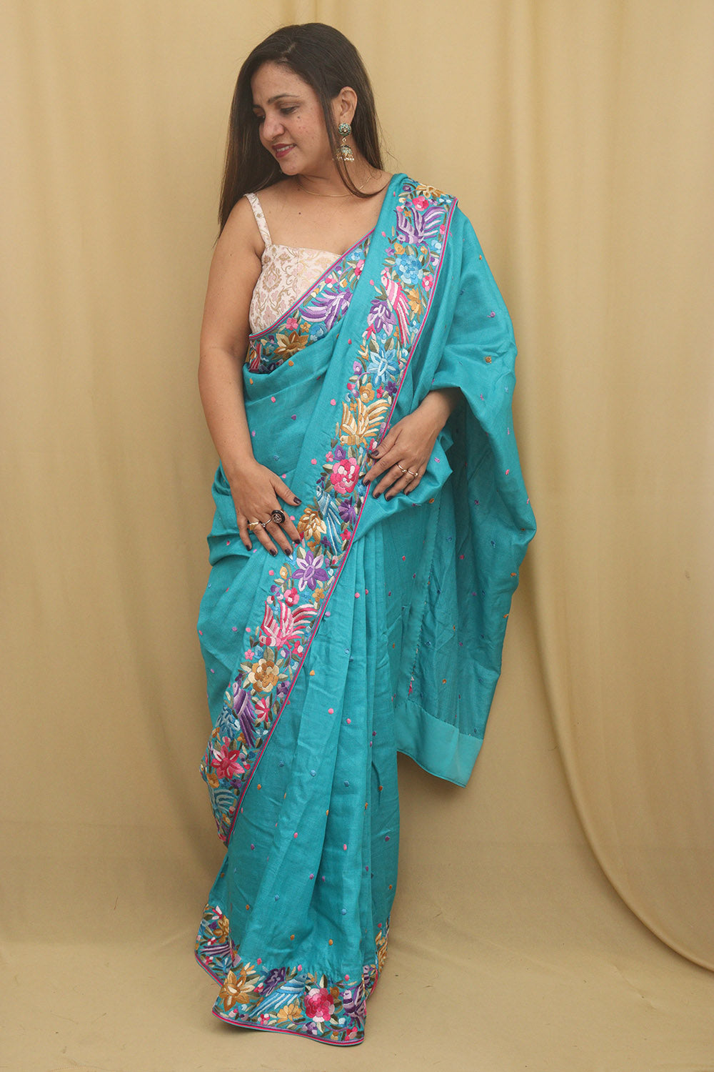 Exquisite Blue Hand Embroidered Parsi Gara Tussar Silk Saree - Luxurion World