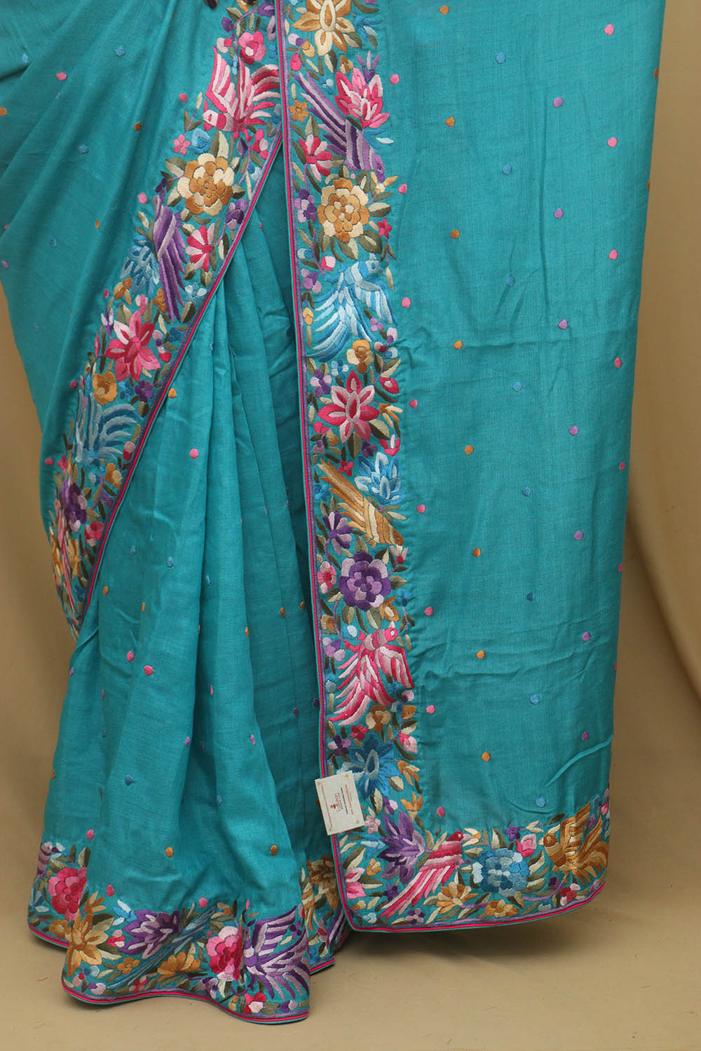 Exquisite Blue Hand Embroidered Parsi Gara Tussar Silk Saree - Luxurion World