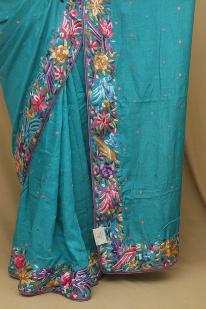 Exquisite Blue Hand Embroidered Parsi Gara Tussar Silk Saree - Luxurion World