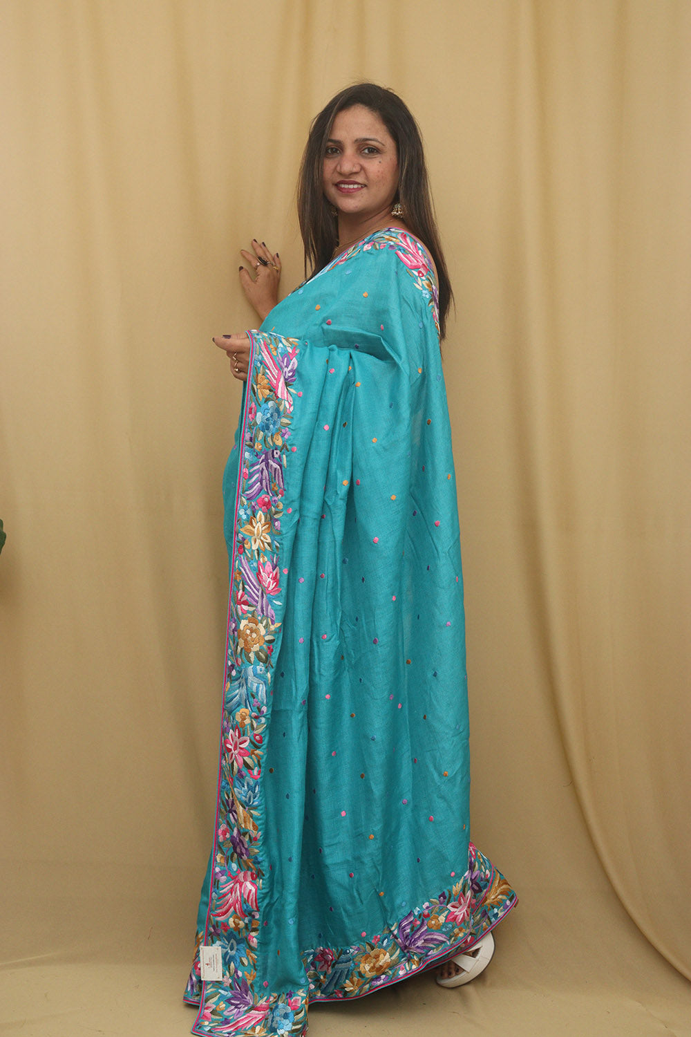 Exquisite Blue Hand Embroidered Parsi Gara Tussar Silk Saree - Luxurion World