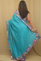 Exquisite Blue Hand Embroidered Parsi Gara Tussar Silk Saree - Luxurion World