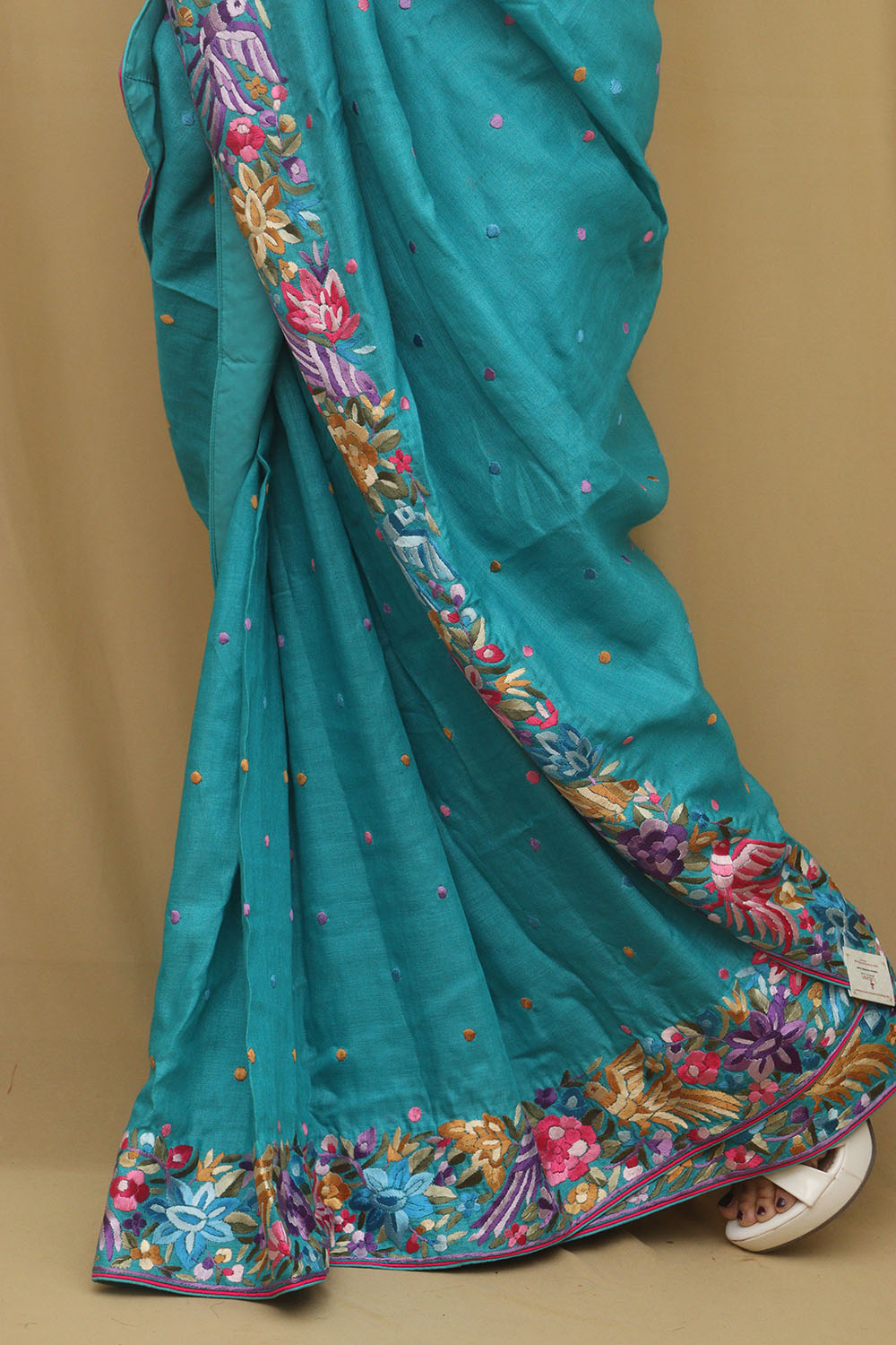 Exquisite Blue Hand Embroidered Parsi Gara Tussar Silk Saree - Luxurion World