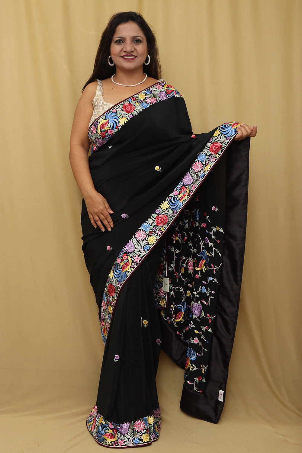 Black Hand Embroidered Parsi Gara Pure Georgette Bird Design Saree - Luxurion World