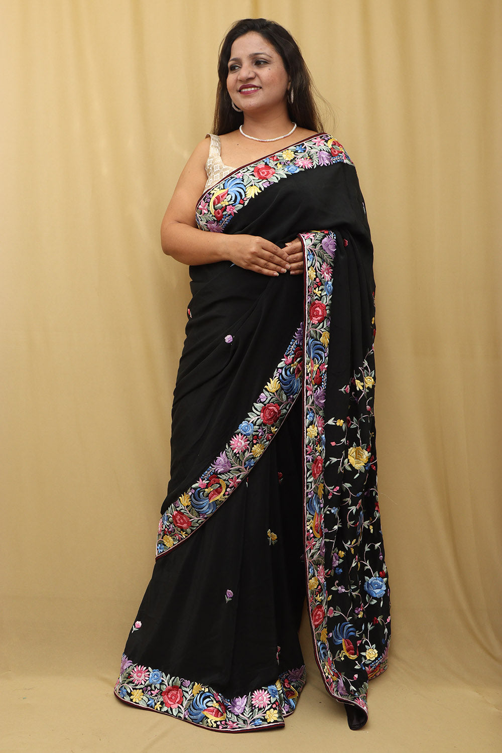 Black Hand Embroidered Parsi Gara Pure Georgette Bird Design Saree - Luxurion World