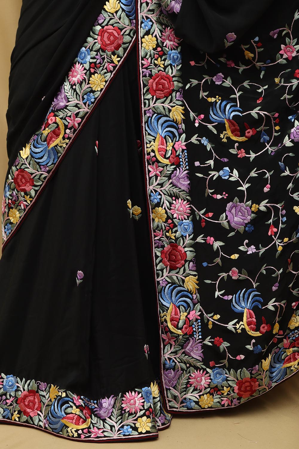 Black Hand Embroidered Parsi Gara Pure Georgette Bird Design Saree - Luxurion World