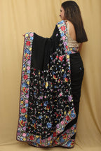 Black Hand Embroidered Parsi Gara Pure Georgette Bird Design Saree - Luxurion World