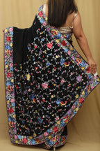 Black Hand Embroidered Parsi Gara Pure Georgette Bird Design Saree - Luxurion World