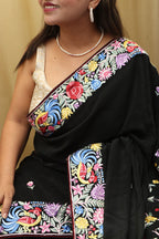 Black Hand Embroidered Parsi Gara Pure Georgette Bird Design Saree - Luxurion World