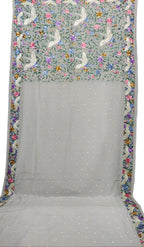 Off White Hand Embroidered Pure Crepe Parsi Gara Work Saree - Luxurion World