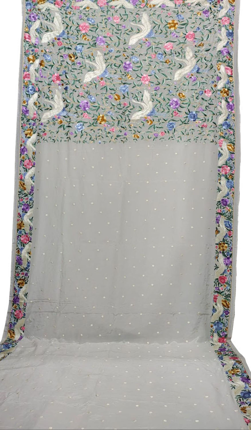Off White Hand Embroidered Pure Crepe Parsi Gara Work Saree - Luxurion World