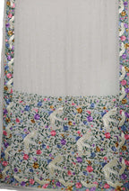 Off White Hand Embroidered Pure Crepe Parsi Gara Work Saree - Luxurion World