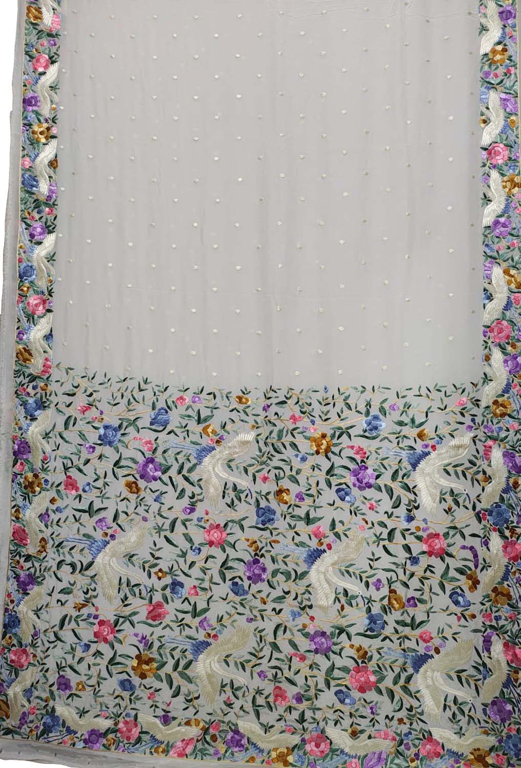 Off White Hand Embroidered Pure Crepe Parsi Gara Work Saree - Luxurion World