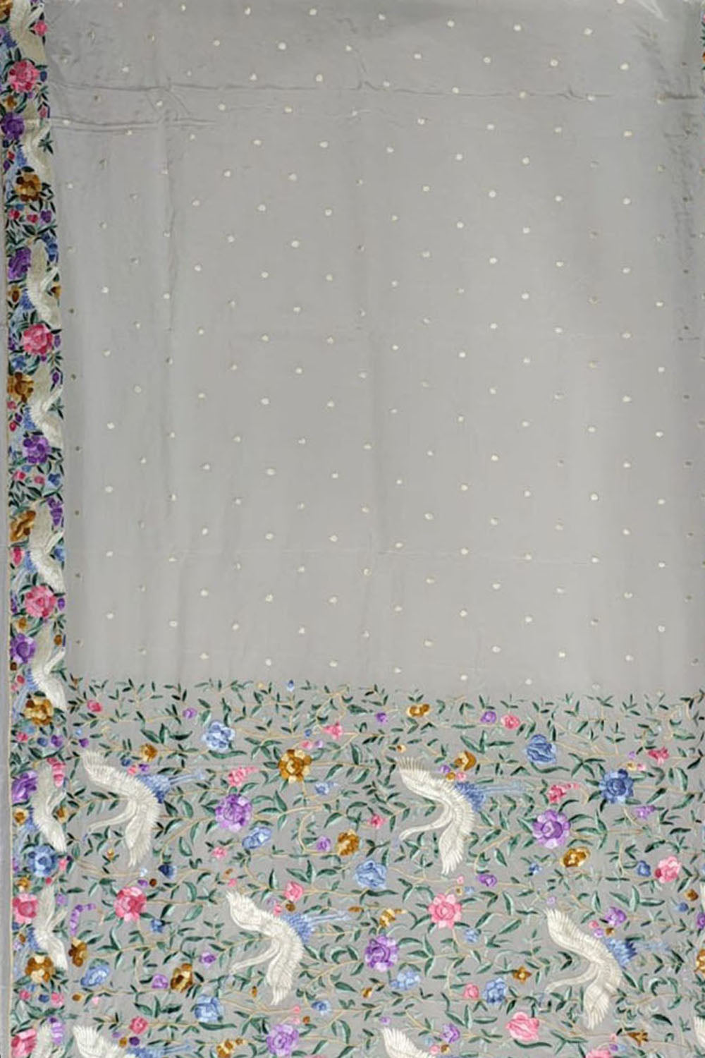 Off White Hand Embroidered Pure Crepe Parsi Gara Work Saree - Luxurion World