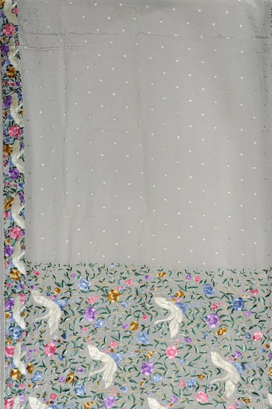 Off White Hand Embroidered Pure Crepe Parsi Gara Work Saree - Luxurion World