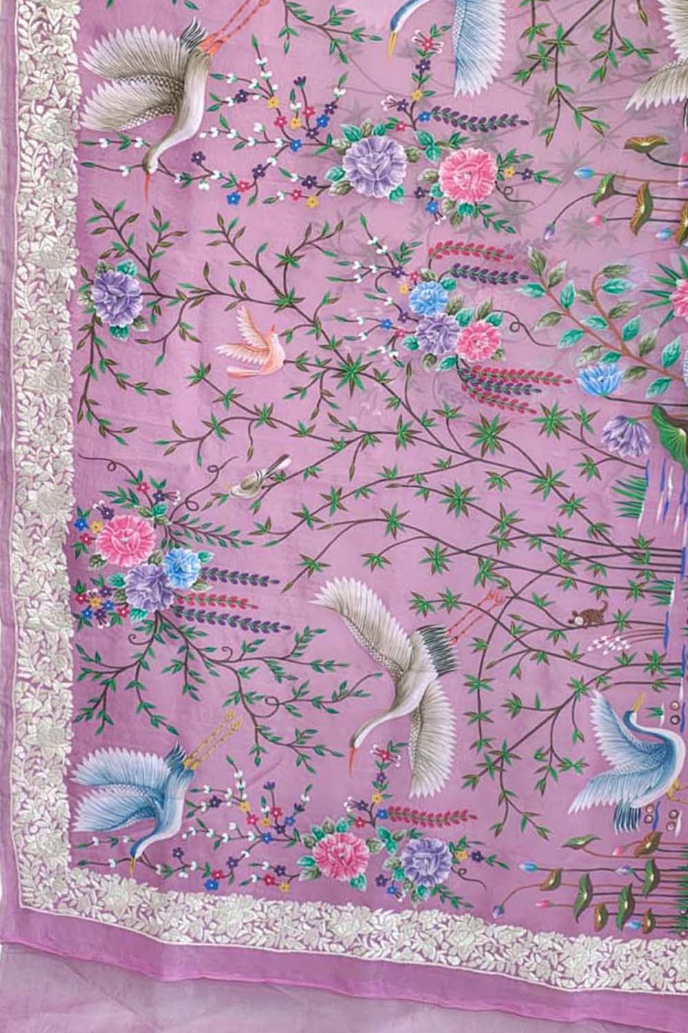 Exquisite Pink Hand Embroidered Parsi Gara Hand Painted Pure Organza Bird And Flower Design Saree - Luxurion World