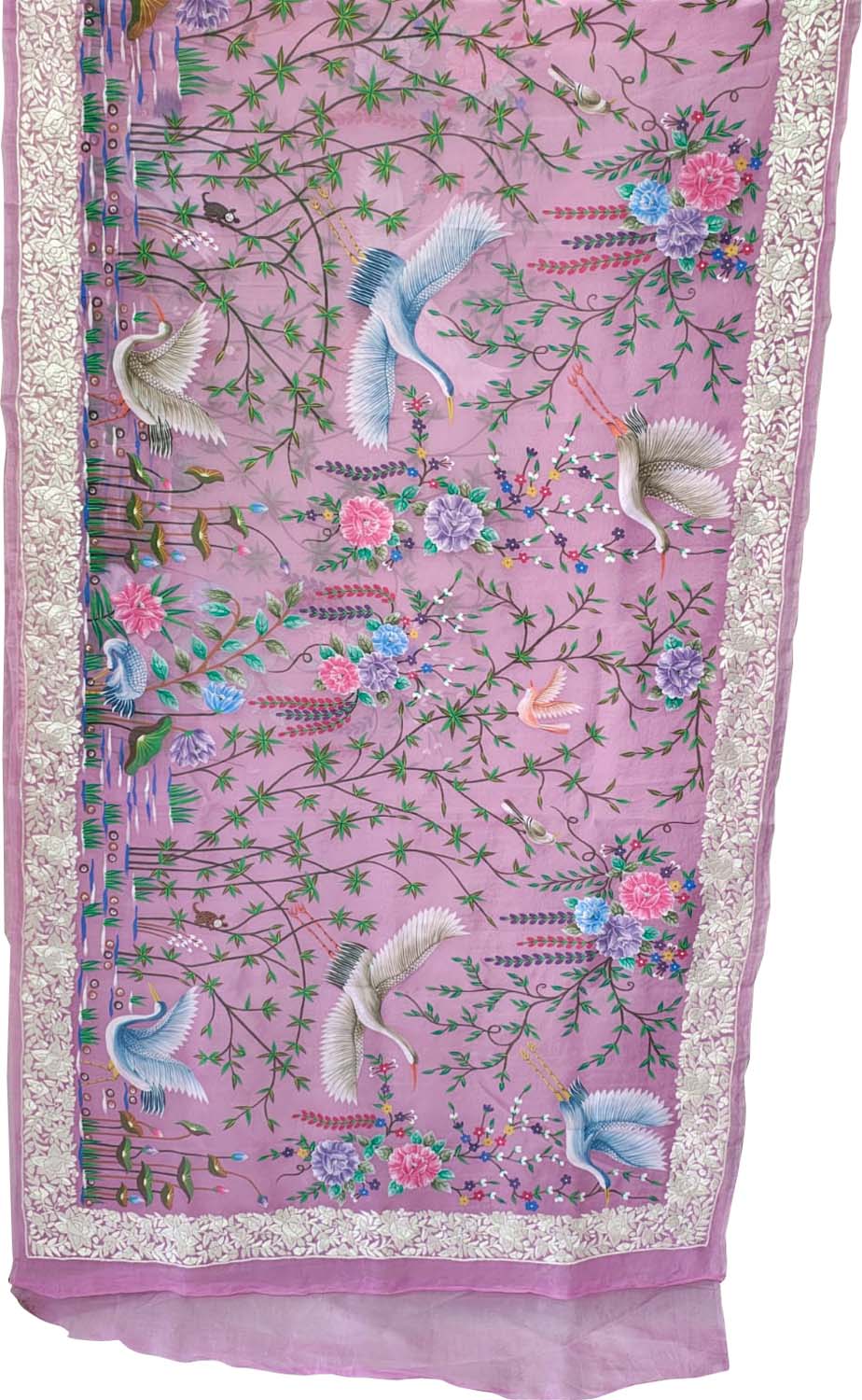 Exquisite Pink Hand Embroidered Parsi Gara Hand Painted Pure Organza Bird And Flower Design Saree - Luxurion World