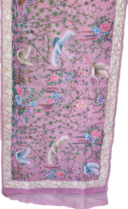 Exquisite Pink Hand Embroidered Parsi Gara Hand Painted Pure Organza Bird And Flower Design Saree - Luxurion World