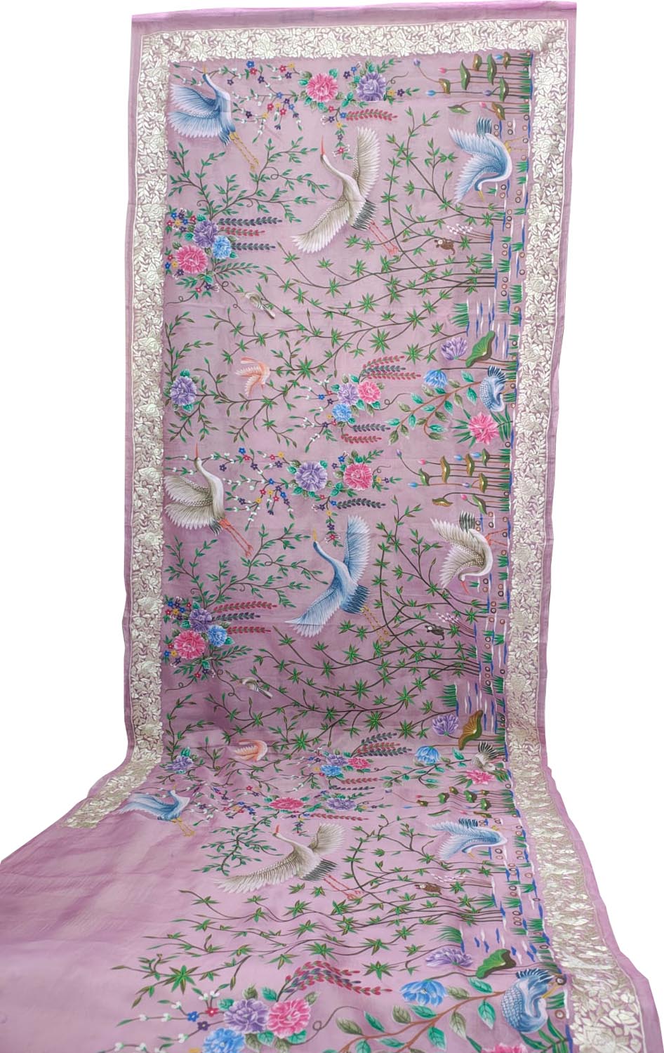 Exquisite Pink Hand Embroidered Parsi Gara Hand Painted Pure Organza Bird And Flower Design Saree - Luxurion World