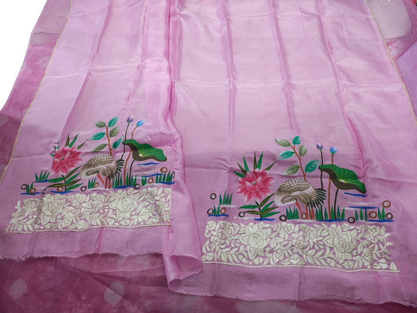 Exquisite Pink Hand Embroidered Parsi Gara Hand Painted Pure Organza Bird And Flower Design Saree - Luxurion World