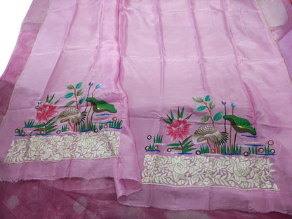 Exquisite Pink Hand Embroidered Parsi Gara Hand Painted Pure Organza Bird And Flower Design Saree - Luxurion World