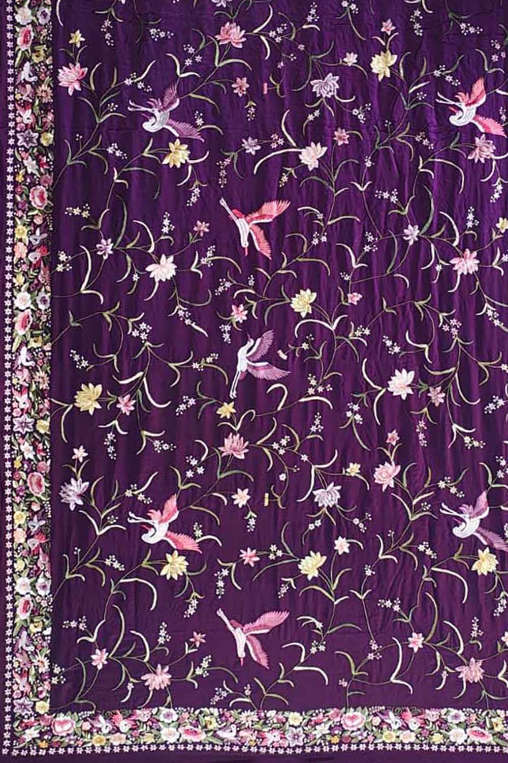 Exquisite Purple Parsi Gara Hand Embroidered Pure Crepe Multicolor Thread Work Bird Design Saree - Luxurion World