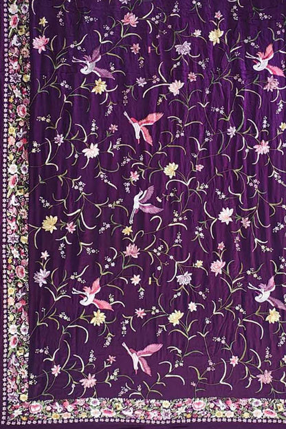 Exquisite Purple Parsi Gara Hand Embroidered Pure Crepe Multicolor Thread Work Bird Design Saree - Luxurion World