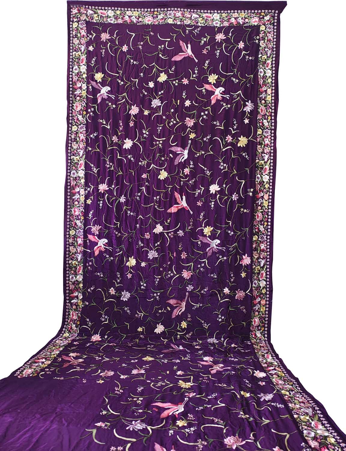 Exquisite Purple Parsi Gara Hand Embroidered Pure Crepe Multicolor Thread Work Bird Design Saree - Luxurion World