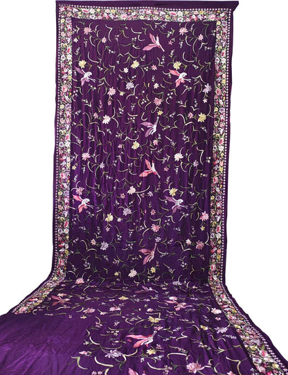 Exquisite Purple Parsi Gara Hand Embroidered Pure Crepe Multicolor Thread Work Bird Design Saree - Luxurion World