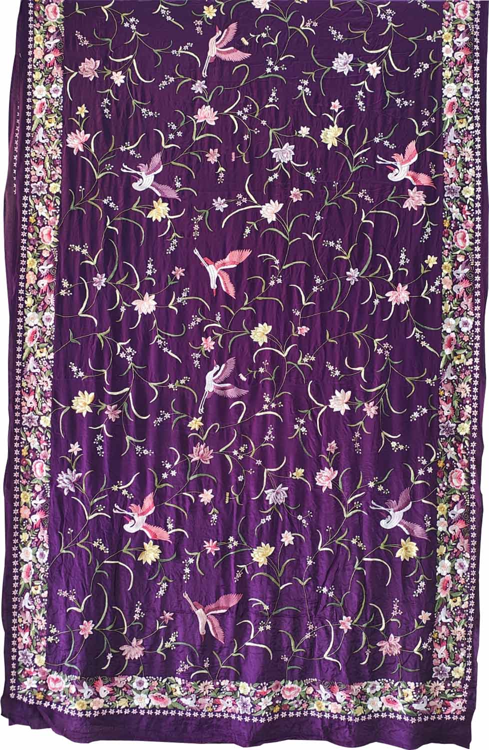 Exquisite Purple Parsi Gara Hand Embroidered Pure Crepe Multicolor Thread Work Bird Design Saree - Luxurion World