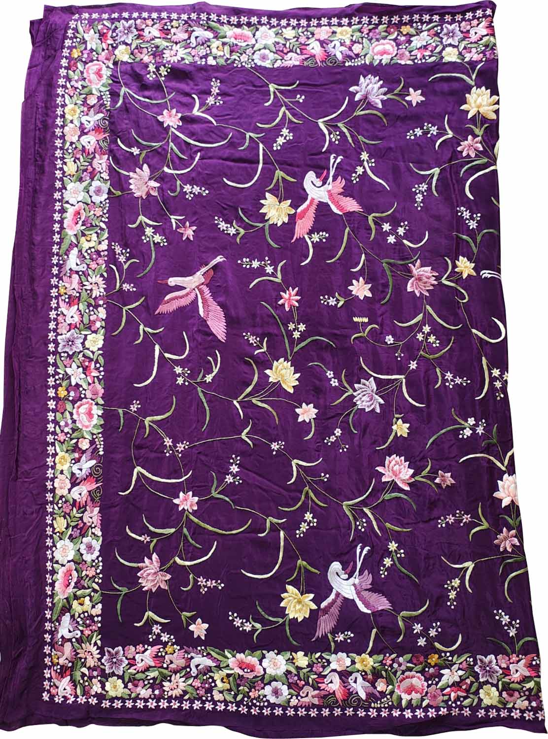 Exquisite Purple Parsi Gara Hand Embroidered Pure Crepe Multicolor Thread Work Bird Design Saree - Luxurion World