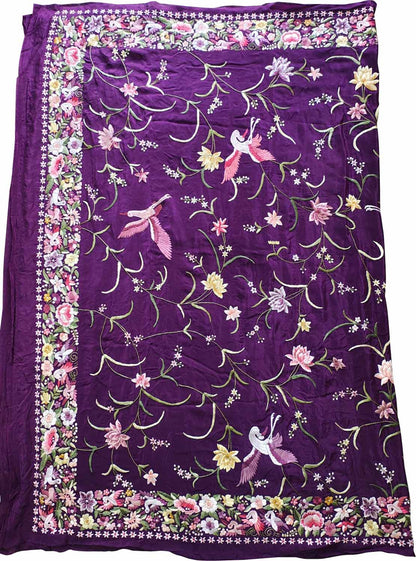 Exquisite Purple Parsi Gara Hand Embroidered Pure Crepe Multicolor Thread Work Bird Design Saree - Luxurion World