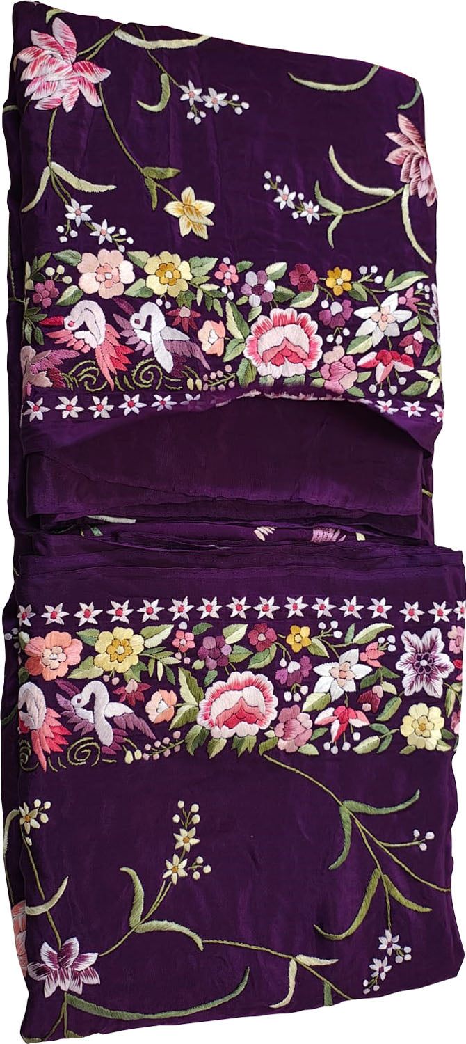Exquisite Purple Parsi Gara Hand Embroidered Pure Crepe Multicolor Thread Work Bird Design Saree - Luxurion World
