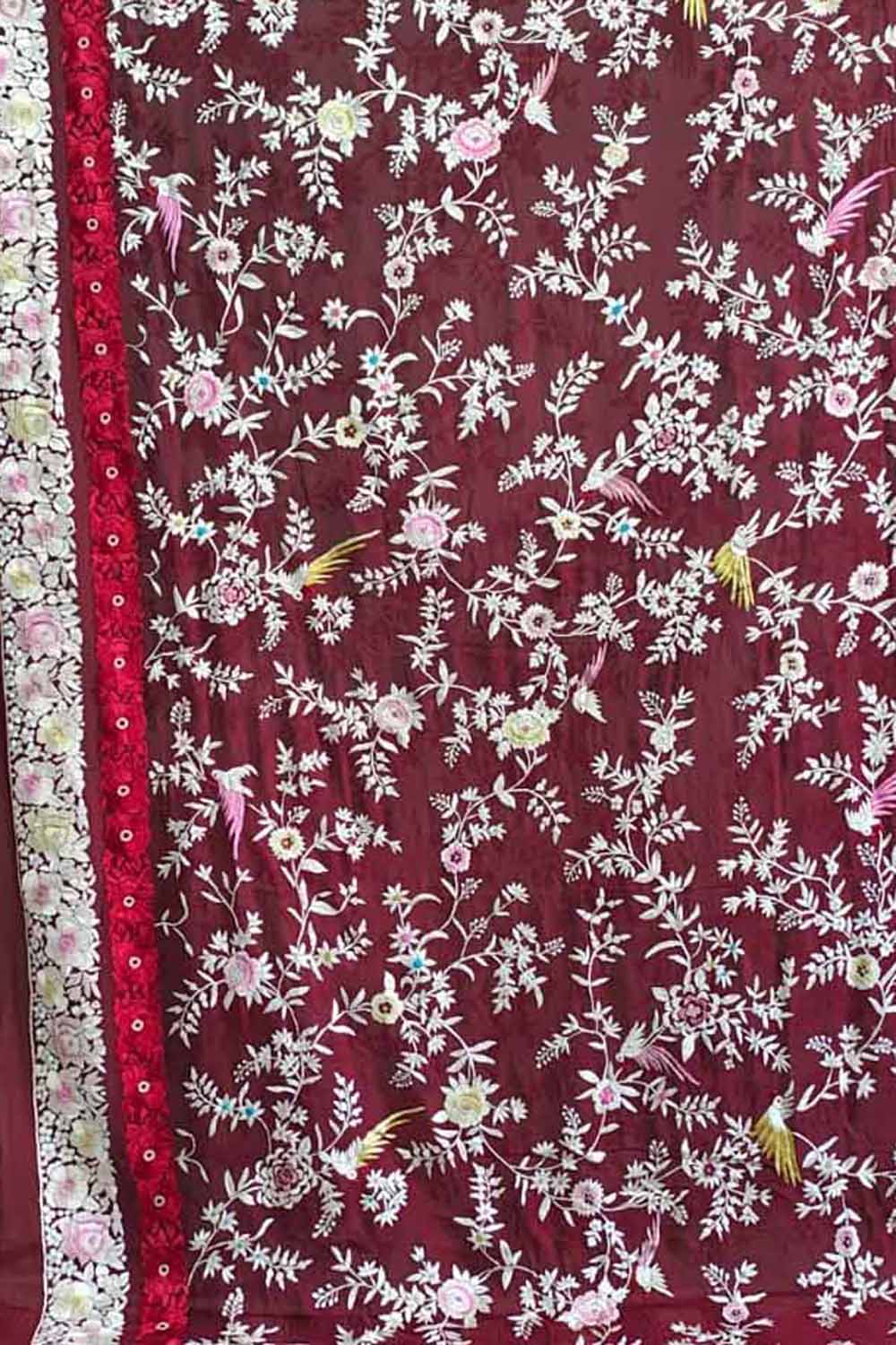 Exquisite Red Hand Embroidered Parsi Gara Pure Georgette Flower Design Saree - Luxurion World