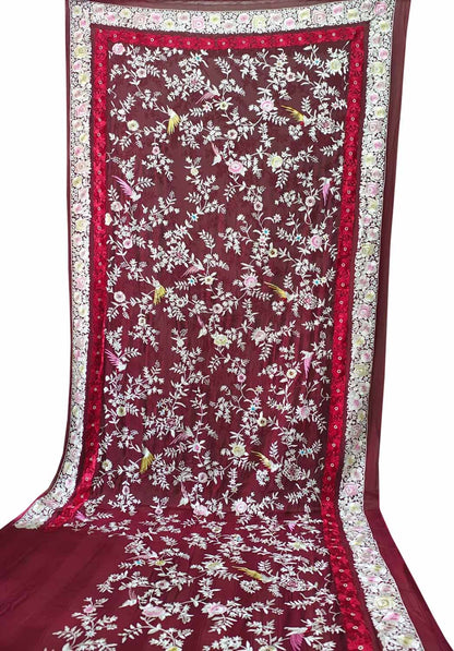 Exquisite Red Hand Embroidered Parsi Gara Pure Georgette Flower Design Saree - Luxurion World