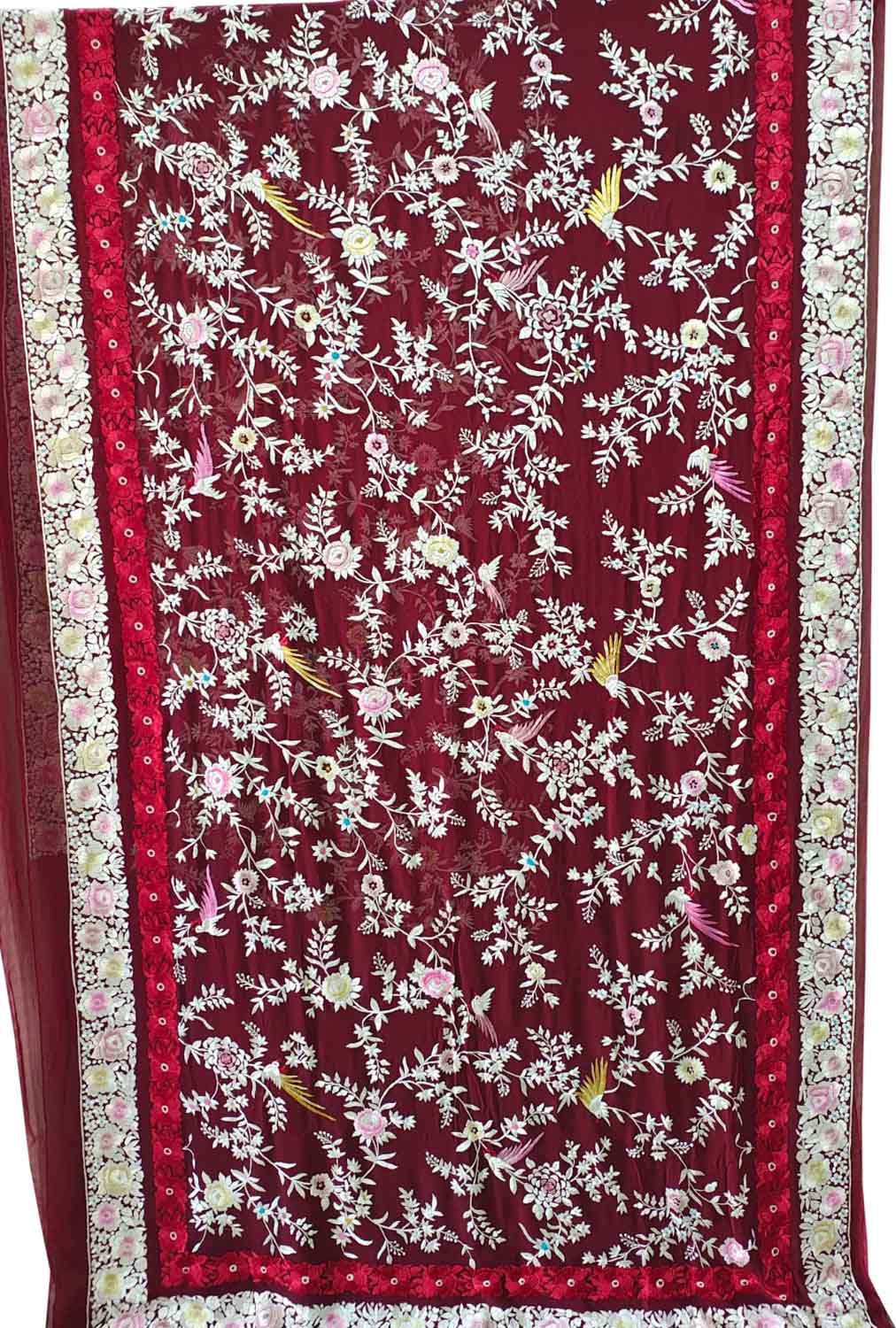Exquisite Red Hand Embroidered Parsi Gara Pure Georgette Flower Design Saree - Luxurion World