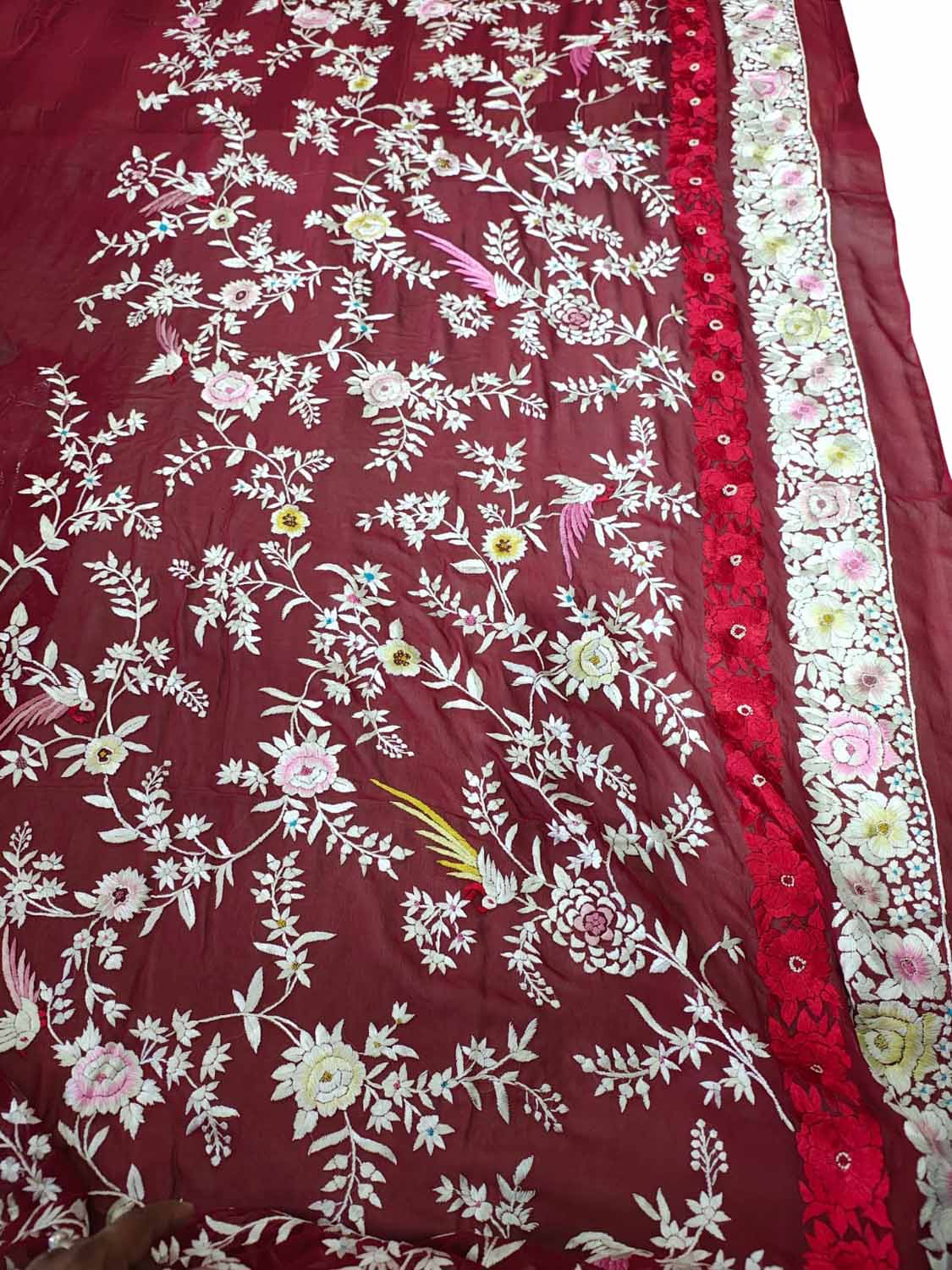 Exquisite Red Hand Embroidered Parsi Gara Pure Georgette Flower Design Saree - Luxurion World