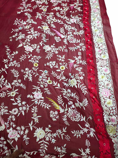 Exquisite Red Hand Embroidered Parsi Gara Pure Georgette Flower Design Saree - Luxurion World
