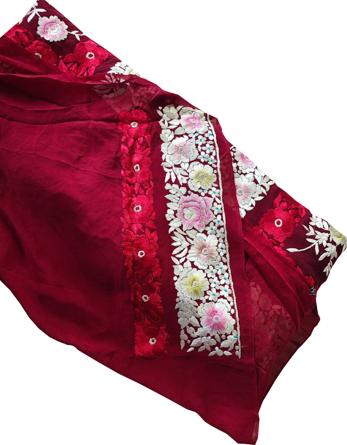 Exquisite Red Hand Embroidered Parsi Gara Pure Georgette Flower Design Saree - Luxurion World