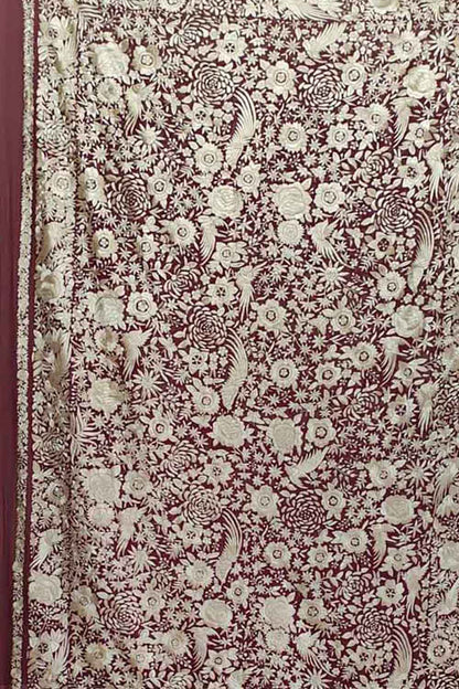 Elegant Maroon Hand Embroidered Parsi Gara Pure Georgette Flower Design Heavy Work Saree - Luxurion World
