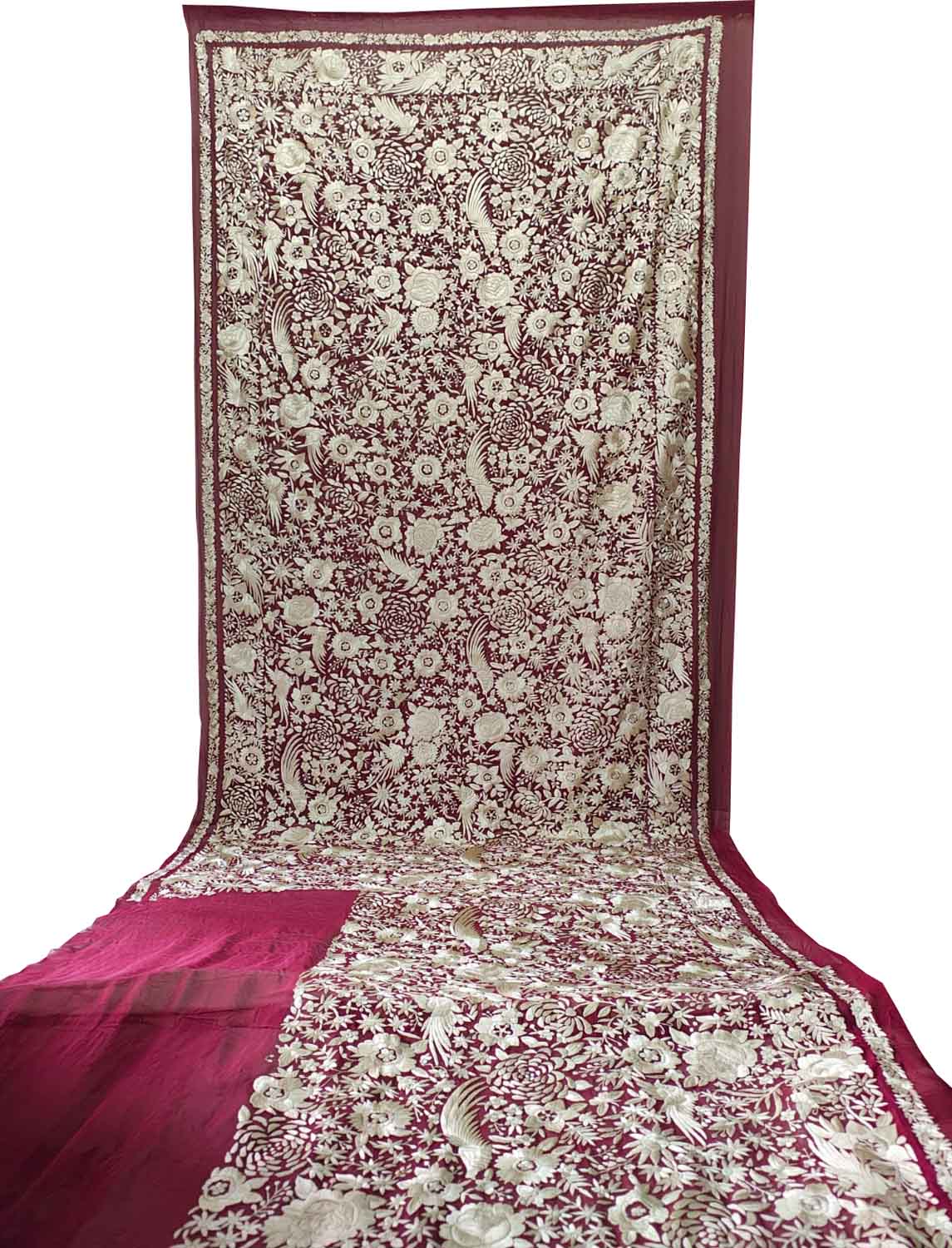 Elegant Maroon Hand Embroidered Parsi Gara Pure Georgette Flower Design Heavy Work Saree - Luxurion World