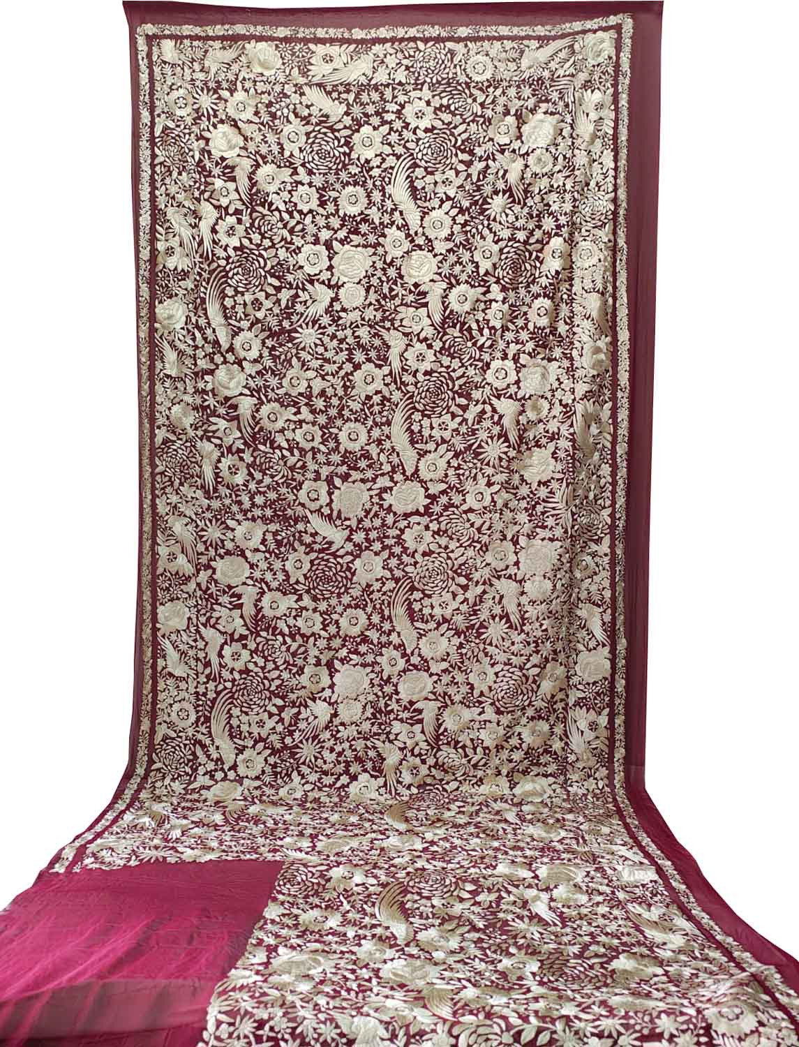 Elegant Maroon Hand Embroidered Parsi Gara Pure Georgette Flower Design Heavy Work Saree - Luxurion World