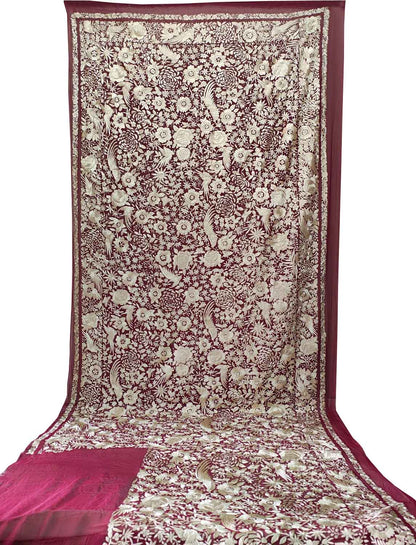 Elegant Maroon Hand Embroidered Parsi Gara Pure Georgette Flower Design Heavy Work Saree - Luxurion World